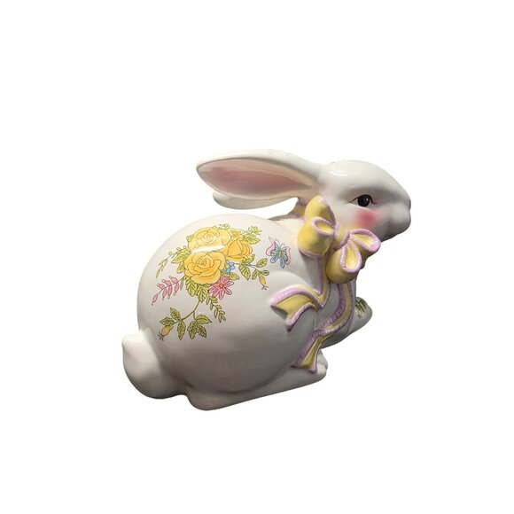 Large Ceramic Bunny Figurine With Floral & Bow Details - Picture 4 of 10